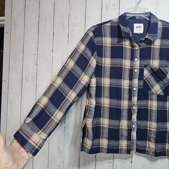 Aerie Plaid Button Down Shirt Cotton Gauze Size Medium Women’s Blue Cream Tan. - Picture 4 of 8